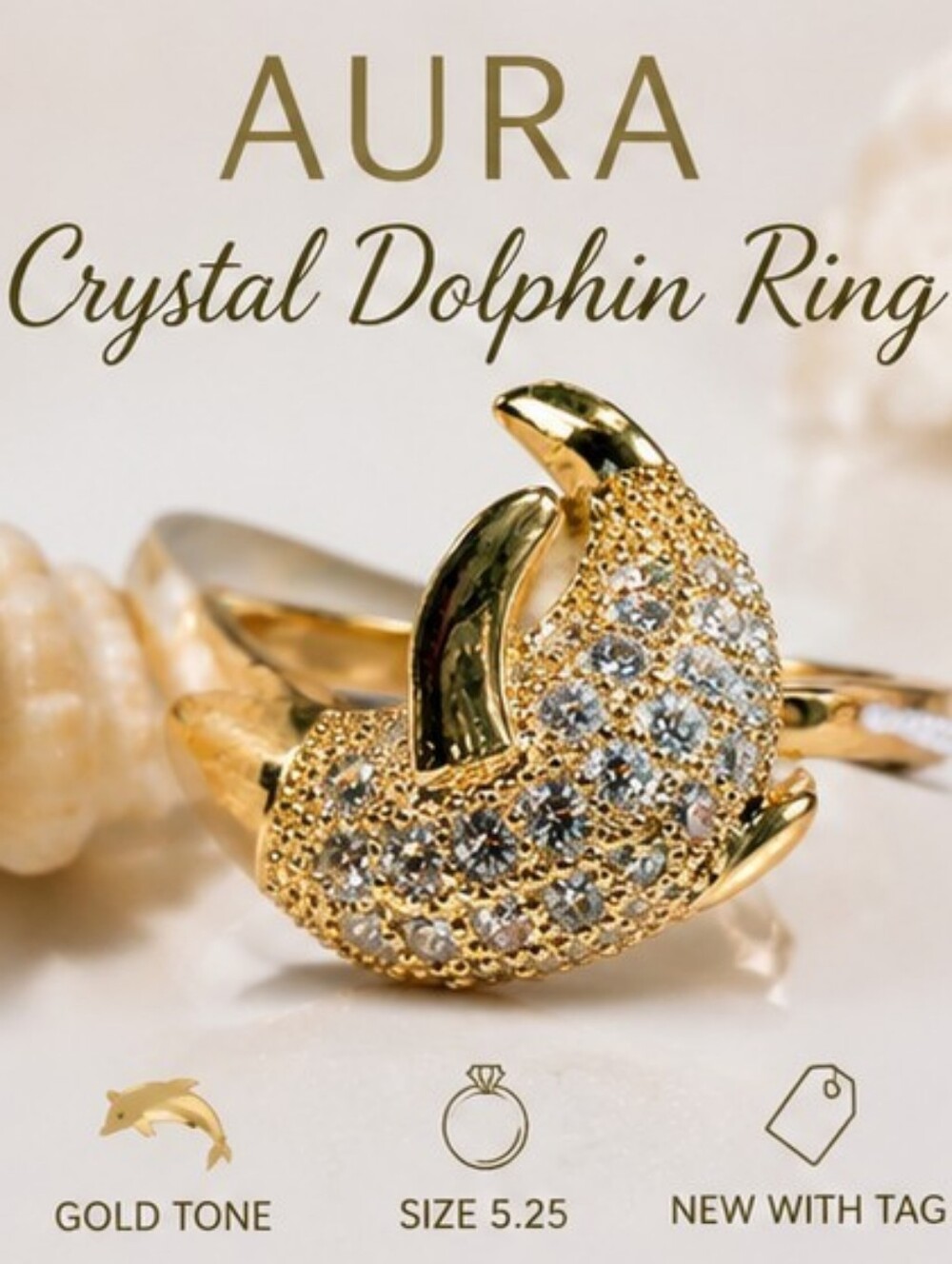 Aura Crystal Dolphin Ring Gold Tone Pavé Rhinestone Statement Ring Size 5.25 NWT